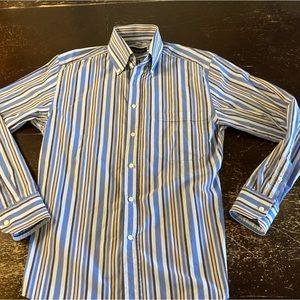 Canali Italy Dress Shirt Casual Button Up Pin Striped Mens L Blue  Neck 15.5